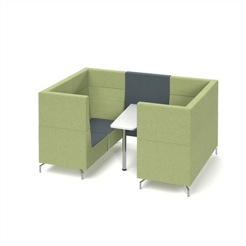 Alban Pod 4 person meeting booth with white table - elapse grey seat and back with endurance green sofa body