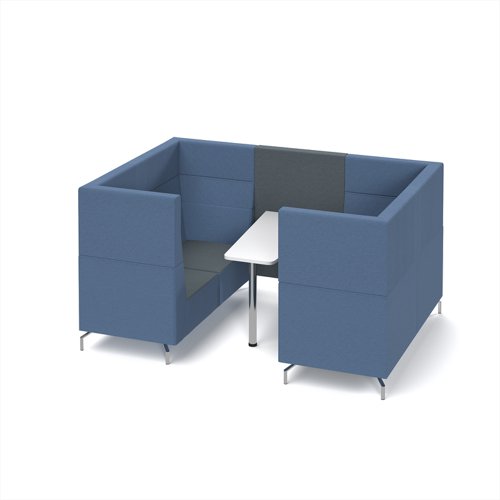 Alban Pod 4 person meeting booth with white table - elapse grey seat and back with range blue sofa body