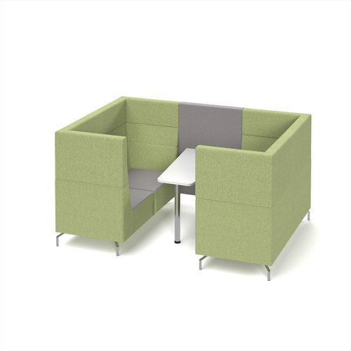 Alban Pod 4 person meeting booth with white table - forecast grey seat and back with endurance green sofa body