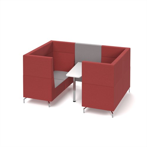Alban Pod 4 person meeting booth with white table - forecast grey seat and back with extent red sofa body