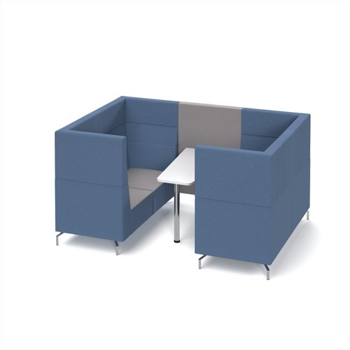 Alban Pod 4 person meeting booth with white table - forecast grey seat and back with range blue sofa body