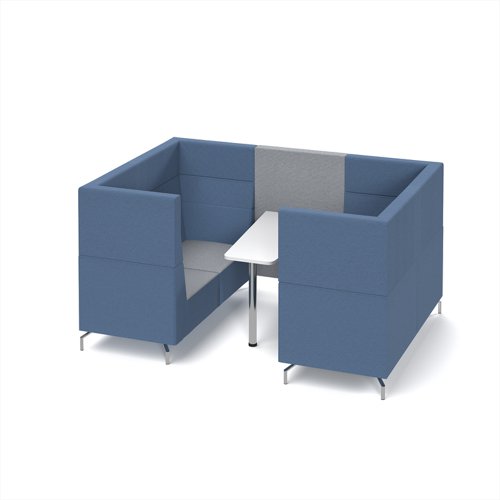 Alban Pod 4 person meeting booth with white table - late grey seat and back with range blue sofa body