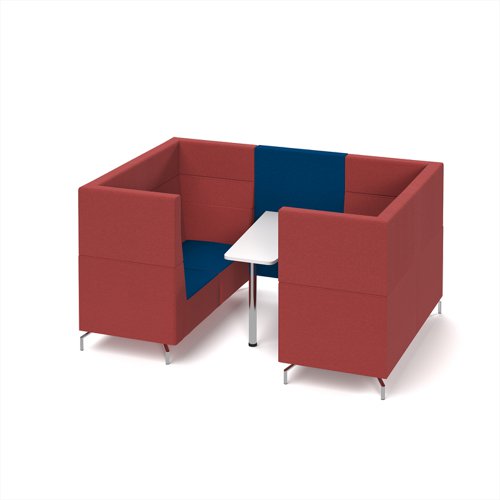 Alban Pod 4 person meeting booth with white table - maturity blue seat and back with extent red sofa body