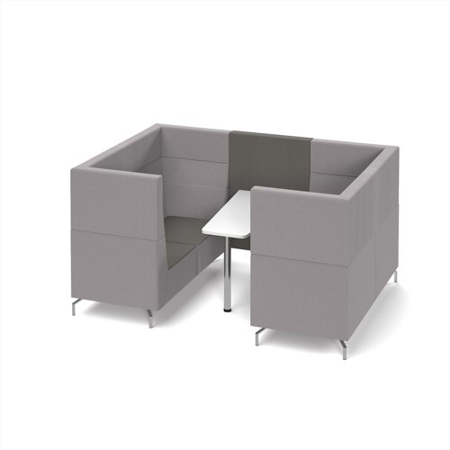 Alban Pod 4 person meeting booth with white table - present grey seat and back with forecast grey sofa body