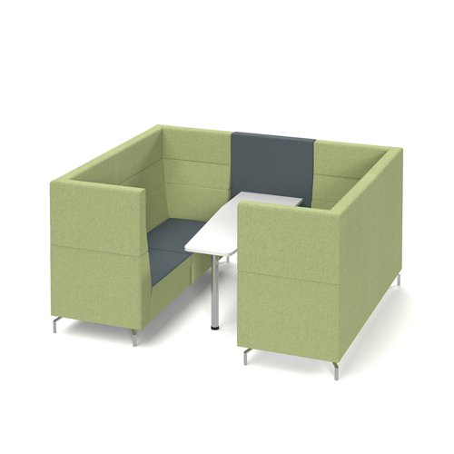 Alban Pod 6 person meeting booth with white table - elapse grey seat and back with endurance green sofa body
