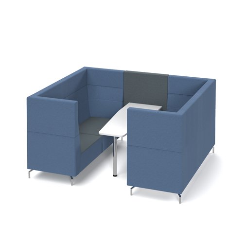 Alban Pod 6 person meeting booth with white table - elapse grey seat and back with range blue sofa body