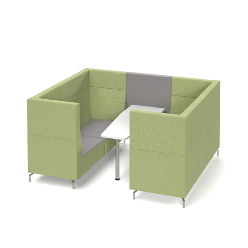 Alban Pod 6 person meeting booth with white table - forecast grey seat and back with endurance green sofa body