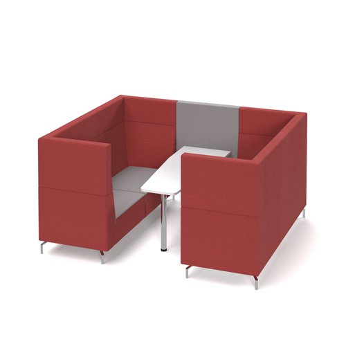 Alban Pod 6 person meeting booth with white table - forecast grey seat and back with extent red sofa body