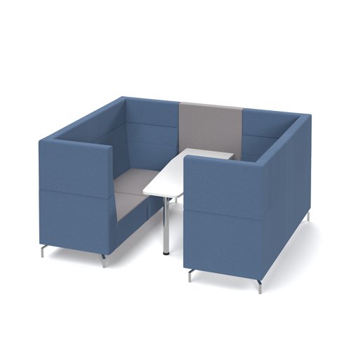 Alban Pod 6 person meeting booth with white table - forecast grey seat and back with range blue sofa body
