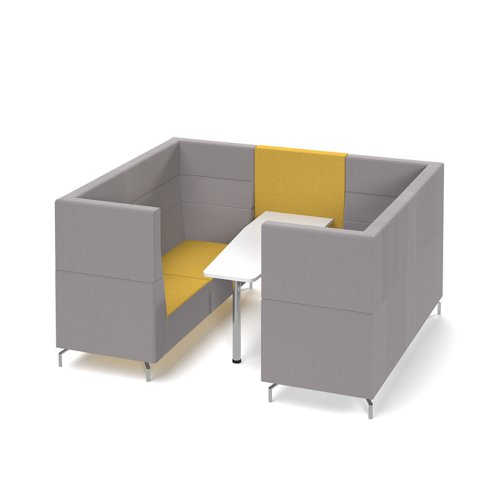 Alban Pod 6 person meeting booth with white table - lifetime yellow seat and back with forecast grey sofa body
