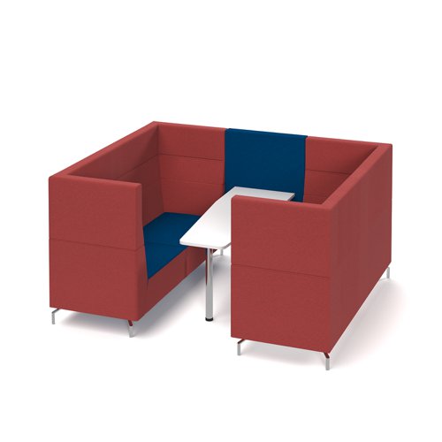 Alban Pod 6 person meeting booth with white table - maturity blue seat and back with extent red sofa body