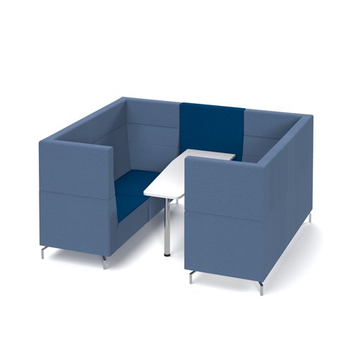 Alban Pod 6 person meeting booth with white table - maturity blue seat and back with range blue sofa body