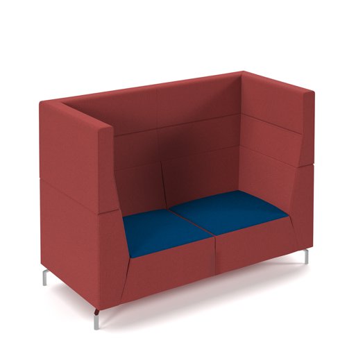 Alban high back double seater sofa with chrome legs - maturity blue seat with extent red back