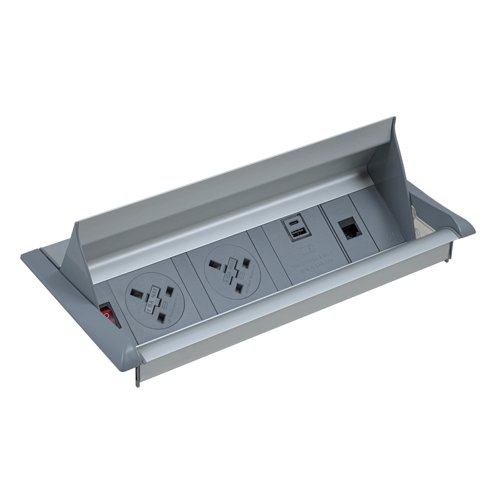 Aero fliptop in-table power module x UK sockets, 1 x RJ45 socket, 1 x twin USB fast charge - grey/silver