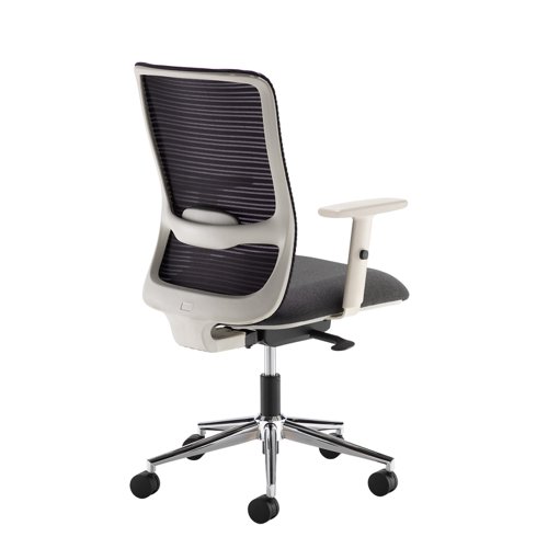 Arcade black mesh back operator chair with grey fabric seat and light grey frame and chrome base