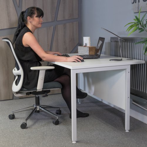 Arcade black mesh back operator chair with grey fabric seat, light grey frame and chrome base Dams International