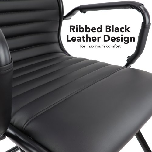 BARI100C1-K | The Bari executive chair and matching visitors chair is perfect for adding a touch of style to your office or conference room. The classic black ribbed faux leather design is available with a high back or medium back and will add some much-needed comfort to employees and visitors, with chrome arms and a chrome base that will always looking sleek and stylish.