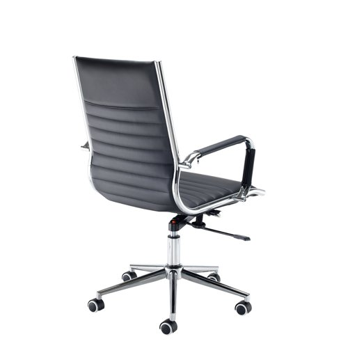 BARI200T1 | The Bari executive chair and matching visitors chair is perfect for adding a touch of style to your office or conference room. The classic black ribbed faux leather design is available with a high back or medium back and will add some much-needed comfort to employees and visitors, with chrome arms and a chrome base that will always looking sleek and stylish.