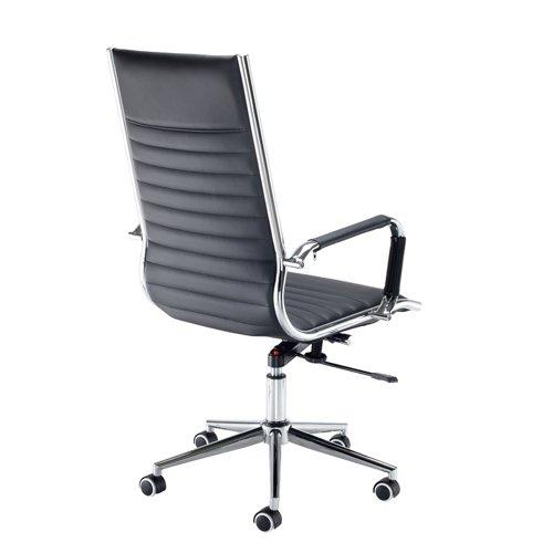 BARI300T1 | The Bari executive chair and matching visitors chair is perfect for adding a touch of style to your office or conference room. The classic black ribbed faux leather design is available with a high back or medium back and will add some much-needed comfort to employees and visitors, with chrome arms and a chrome base that will always looking sleek and stylish.