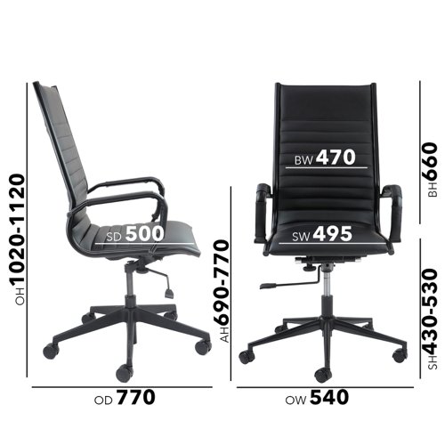 BARI300T1-K | The Bari executive chair and matching visitors chair is perfect for adding a touch of style to your office or conference room. The classic black ribbed faux leather design is available with a high back or medium back and will add some much-needed comfort to employees and visitors, with chrome arms and a chrome base that will always looking sleek and stylish.
