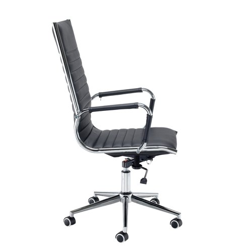 BARI300T1 | The Bari executive chair and matching visitors chair is perfect for adding a touch of style to your office or conference room. The classic black ribbed faux leather design is available with a high back or medium back and will add some much-needed comfort to employees and visitors, with chrome arms and a chrome base that will always looking sleek and stylish.