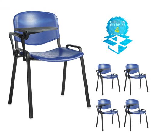 Taurus plastic meeting room chair (box of 4) with writing tablet - blue with black frame