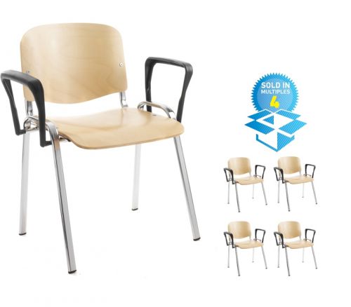 Taurus wooden meeting room stackable chair (box of 4) with fixed arms - beech with chrome frame