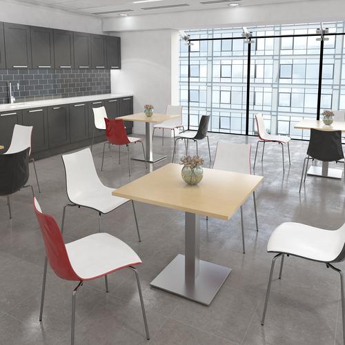 M-BDC600 | The Brescia collection of tables features simple, contemporary lines and its expansive product offering supports virtually any workplace environment. Brescia tables are offered in a variety of sizes, shapes and heights. Supporting the 25mm table tops, available in 5 finishes, is a matching central column and slim square base in a black, brushed steel or white finish which wouldn’t look out of place in any modern workplace. 