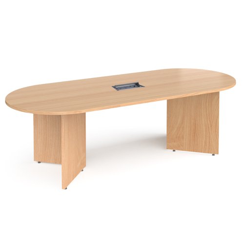 Arrow head leg radial end boardroom table 2400mm x 1000mm in beech with central cutout and Aero power module