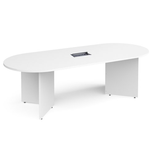 Arrow head leg radial end boardroom table 2400mm x 1000mm in white with central cutout and Aero power module