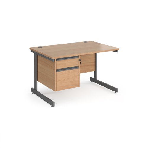 Contract 25 straight desk with 2 drawer pedestal and graphite cantilever leg 1200mm x 800mm - beech top
