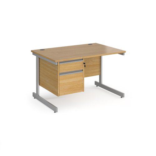 Contract 25 straight desk with 2 drawer pedestal and silver cantilever leg 1200mm x 800mm - oak top