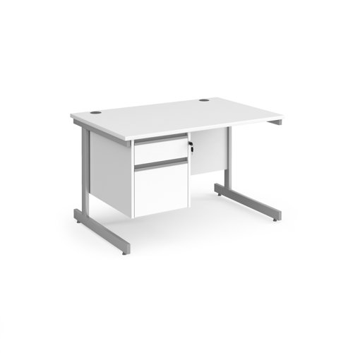 Contract 25 straight desk with 2 drawer pedestal and silver cantilever leg 1200mm x 800mm - white top
