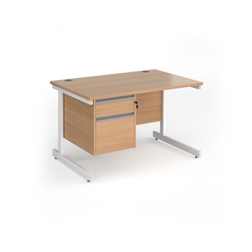 Contract 25 straight desk with 2 drawer pedestal and white cantilever leg 1200mm x 800mm - beech top