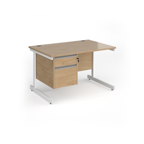 Contract 25 straight desk with 2 drawer pedestal and white cantilever leg 1200mm x 800mm - kendal oak top