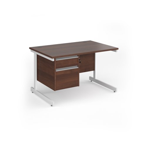 Contract 25 straight desk with 2 drawer pedestal and white cantilever leg 1200mm x 800mm - walnut top