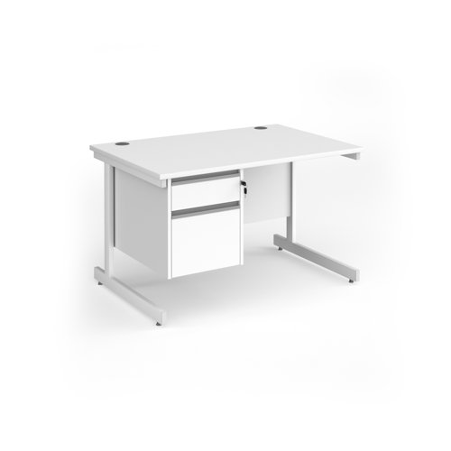 Contract 25 straight desk with 2 drawer pedestal and white cantilever leg 1200mm x 800mm - white top