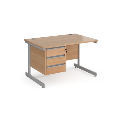 Contract 25 straight desk with 3 drawer pedestal and silver cantilever leg 1200mm x 800mm - beech top