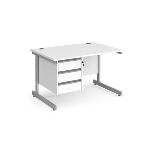 Contract 25 straight desk with 3 drawer pedestal and silver cantilever leg 1200mm x 800mm - white top