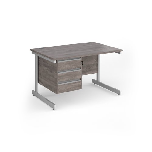 Contract 25 straight desk with 3 drawer pedestal and white cantilever leg 1200mm x 800mm - grey oak top