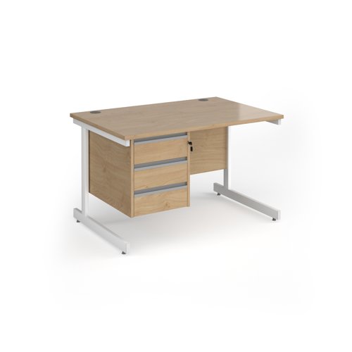 Contract 25 straight desk with 3 drawer pedestal and white cantilever leg 1200mm x 800mm - kendal oak top