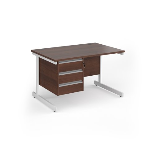 Contract 25 straight desk with 3 drawer pedestal and white cantilever leg 1200mm x 800mm - walnut top