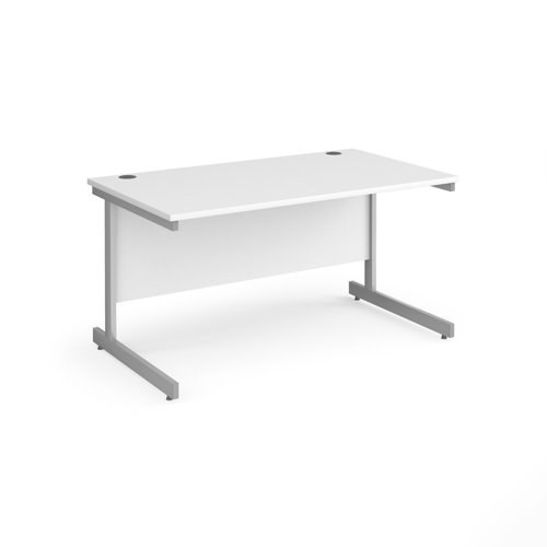 Contract 25 straight desk with silver cantilever leg 1400mm x 800mm - white top CC14S-S-WH Buy online at Office 5Star or contact us Tel 01594 810081 for assistance