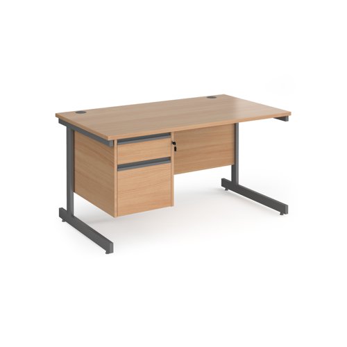 Contract 25 straight desk with 2 drawer pedestal and graphite cantilever leg 1400mm x 800mm - beech top CC14S2-G-B Buy online at Office 5Star or contact us Tel 01594 810081 for assistance