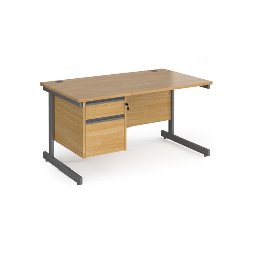 Contract 25 straight desk with 2 drawer pedestal and graphite cantilever leg 1400mm x 800mm - oak top CC14S2-G-O Buy online at Office 5Star or contact us Tel 01594 810081 for assistance