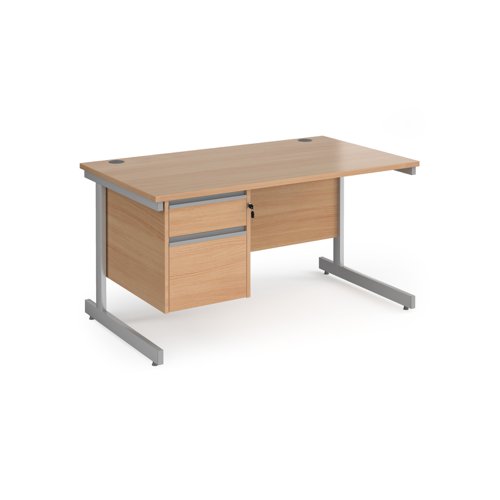 Contract 25 straight desk with 2 drawer pedestal and silver cantilever leg 1400mm x 800mm - beech top