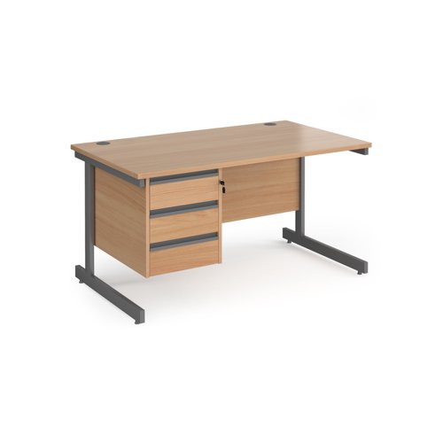 Contract 25 straight desk with 3 drawer pedestal and graphite cantilever leg 1400mm x 800mm - beech top