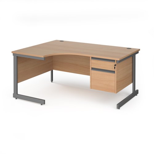 CC16EL2-G-B Contract 25 left hand ergonomic desk with 2 drawer pedestal and graphite cantilever leg 1600mm - beech top