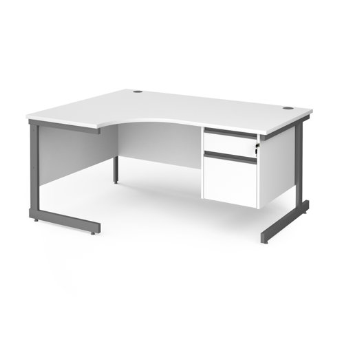 Contract 25 left hand ergonomic desk with 2 drawer pedestal and graphite cantilever leg 1600mm - white top Office Desks CC16EL2-G-WH