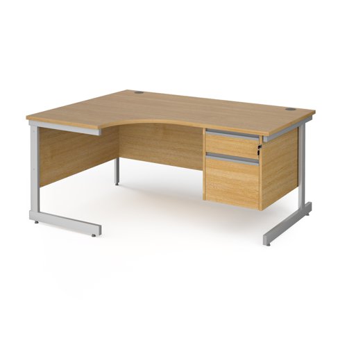 Contract 25 left hand ergonomic desk with 2 drawer pedestal and silver cantilever leg 1600mm - oak top CC16EL2-S-O Buy online at Office 5Star or contact us Tel 01594 810081 for assistance